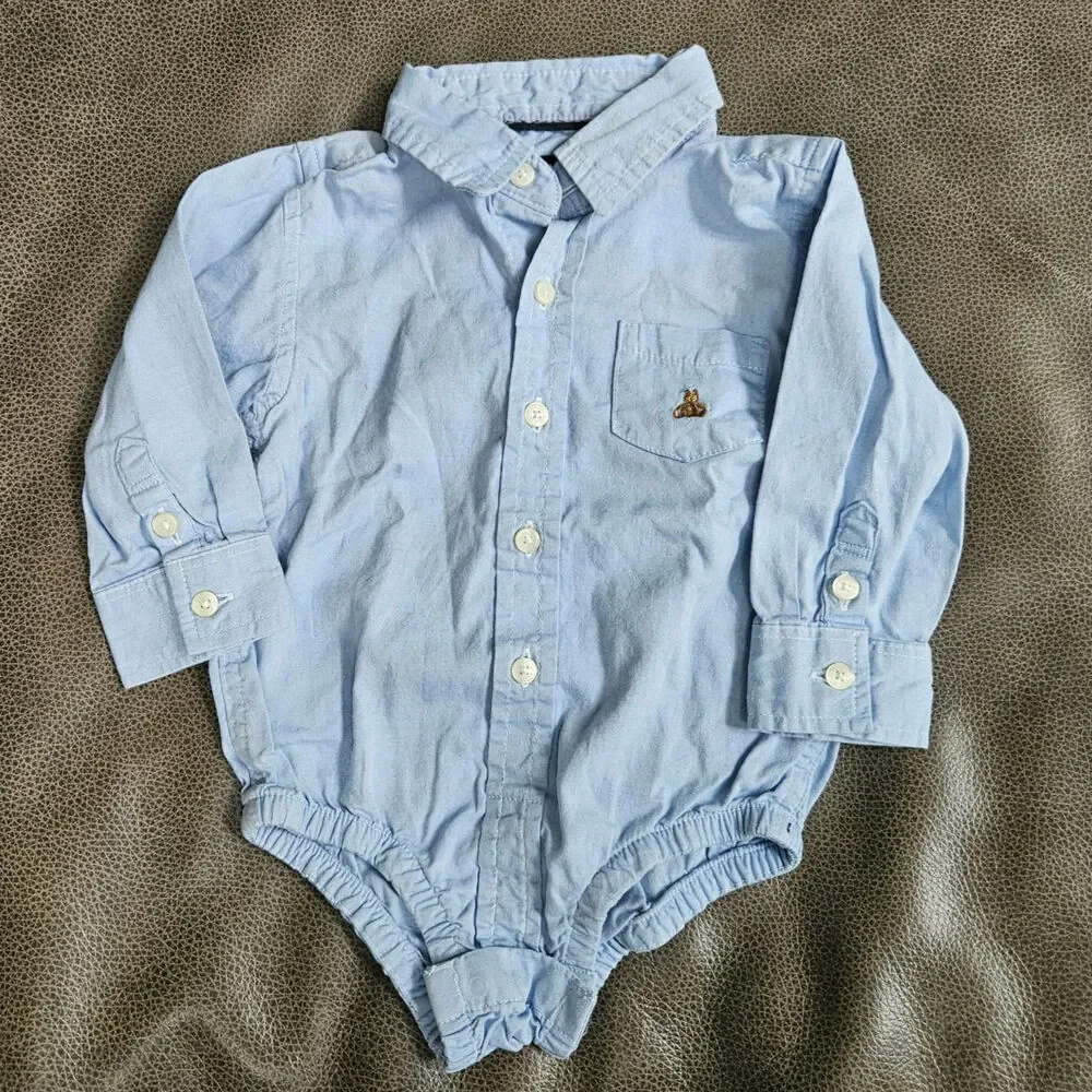 babyGap Baby Boys Blue Oxford Chambray Button Down Bodysuit Bear Pocket 12-18M